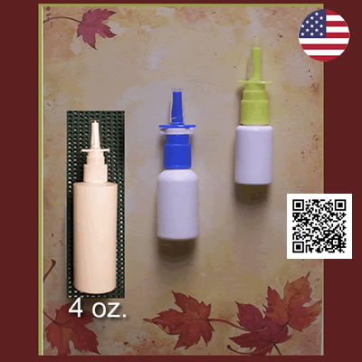 White, Blue, Green Yellow Nasal Spray Pumps Fine Mist with 1 oz or 4 oz. White HDPE plastic bottles EMPTY