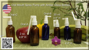 Oral Mouth Spray Pumps with 1 oz. & 2 oz. Amber & Cobalt Blue Glass Bottles