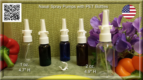 White Nasal Spray Pump with EMPTY PET 1 oz. or 2 oz. Amber, Blue, Clear, Plasic Bottle