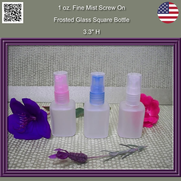 Perfume Screw On Fine Mist Natural, Blue, Pink Colors with 1 oz. Square Frosted Glass Bottles EMPTY