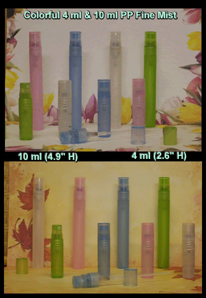 10 ml Screw On Fine Mist Slim Tubular PP Plastic bottles EMPTY, Blue, Green, Pink, Natural colors