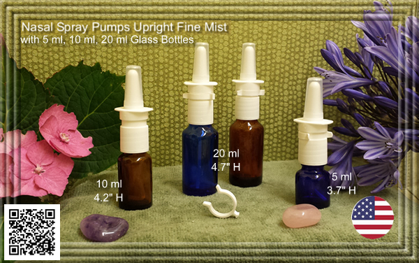 White Nasal Spray Pump with EMPTY 5 ml, 10 ml, 20 ml Amber or Cobalt Blue Glass Bottles