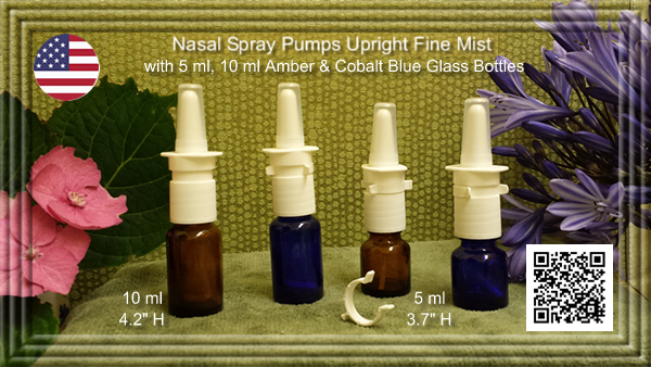 White Nasal Spray Pump Fine Mist with EMPTY 5 ml, 10 ml and 20 ml Amber or Cobalt Blue Glass Bottles